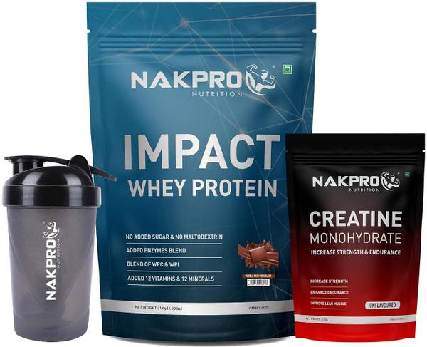 Nakpro Impact Whey Protein 1kg, 24g Protein with Creatine Unflavoured 100g & Shaker Whey Protein