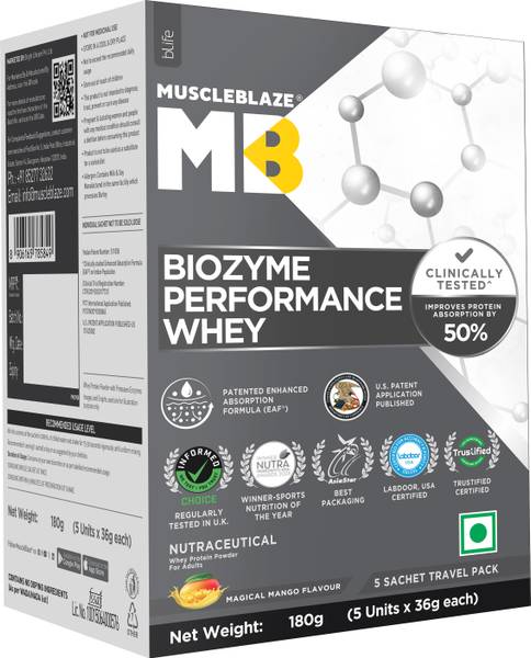 MUSCLEBLAZE Biozyme Performance Whey Protein | 5 Sachet Travel Pack (5x36g) Whey Protein