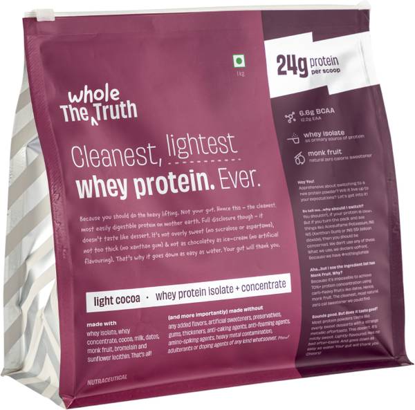 The Whole Truth Whey Protein Powder Isolate+Concentrate|24g Protein|6.6g BCAA|100% Authentic Whey Protein