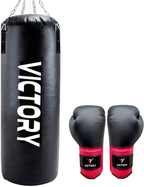 VICTORY Unfilled Heavy Black Boxing Bag with Boxing Glove with Chain Hanging Bag Boxing Kit