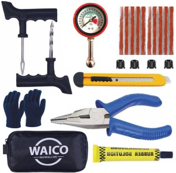 WAICO 9 in 1 Universal with Tyre Guage, Tools, Plier, Knife, Puncture Strips, Bag Etc Tubeless Tyre Puncture Repair Kit