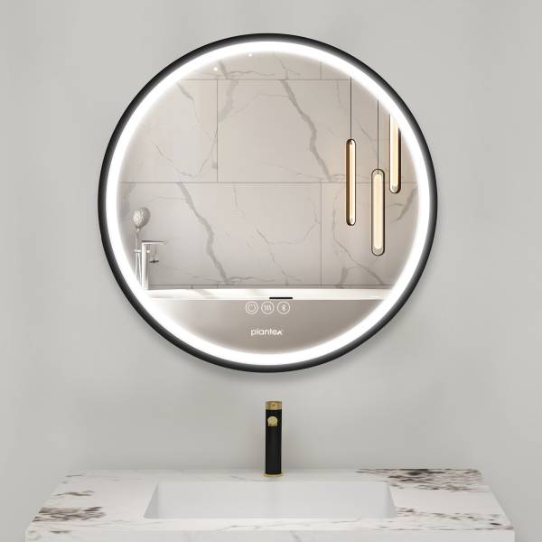 Plantex Round LED Mirror Cabinet for Bathroom with Defogger and Bluetooth (24x24 Inch) Stainless Steel Wall Shelf