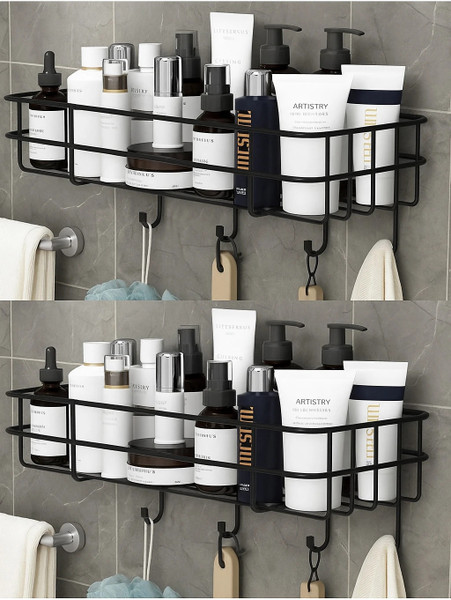 Zolento Self-Adhesive Bathroom Shelf, Rustproof Wall Storage Rack with 4 Hooks Iron Wall Shelf