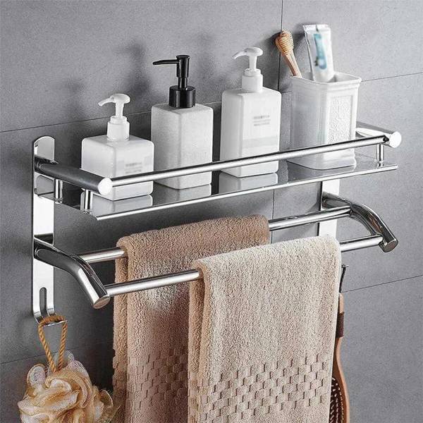 Nexanest Rack for Bathroom Storage/Multipurpose Steel Bathroom Shelf/Hooks & Towel Hanger Stainless Steel Wall Shelf