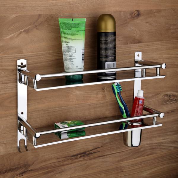 GLOXY Bathroom Shelf/Rack/Stand with Soap Dish and Toothbrush Holder Soap Holder Stainless Steel Wall Shelf