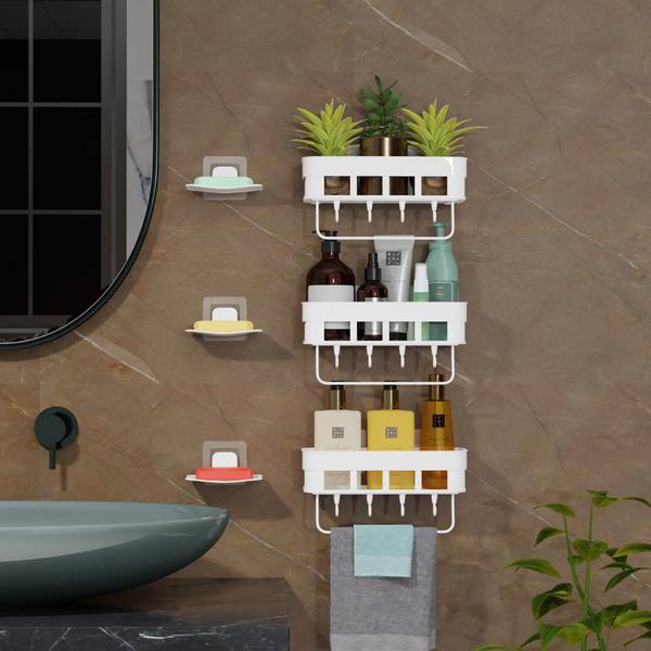 Mirramor 3 Set of Bathroom Organizer Rack Self Adhesive Stand For Bath Corner & Shelves Plastic Wall Shelf