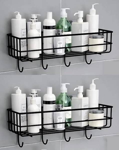 kridha Stainless Iron Coating Self-Adhesive Metal Rack Storage Shelf with 4 Hook Stainless Steel, Iron Wall Shelf