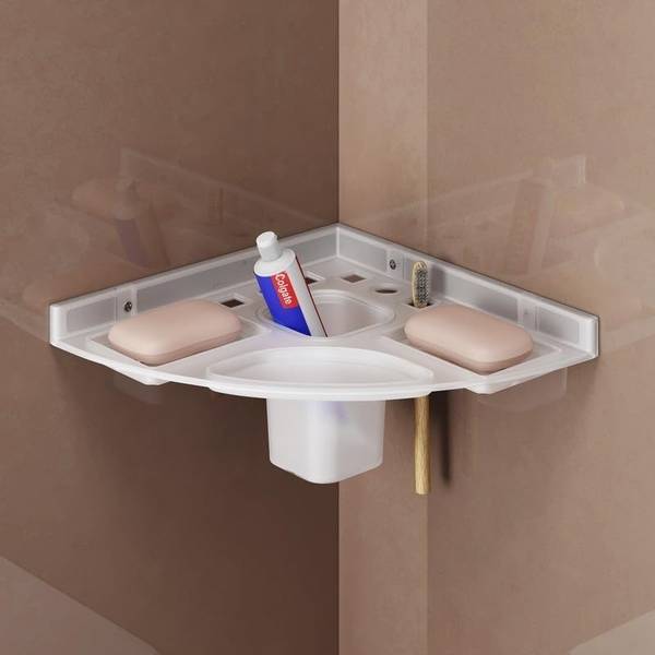 Masteq unbreakable Abs Plastic Bathroom corner Shelf with Double Soap Toothbrush Holder Plastic Wall Shelf