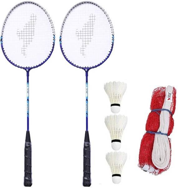 Shadab handloom Badminton RACQUET Set of 2 PC with 3 FEATHER SHUTTLECOCK AND NET COMBO kit Multicolor Strung Badminton Racquet