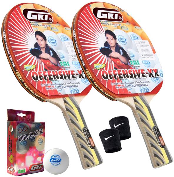 GKI Offensive XX (Pack of 2 Racquet), Euro Plastic (Pack of 6 Balls), 2 Band Multicolor Table Tennis Racquet