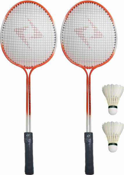 Lyzoo LZ-RED Double Shaft Aluminium Badminton Racquet With 2pc Feather Shuttle Cock Red Strung Badminton Racquet