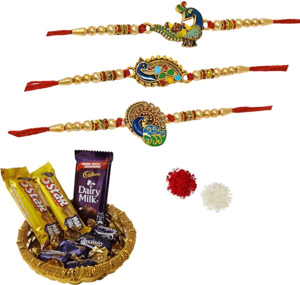 Meira Jewellery Designer rakhi-with-chocolate-144 Gold Finish Rakhi, Greeting Card, Chawal Roli Pack Set