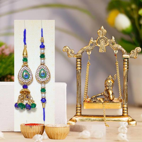 Chhariya Crafts Bhaiya Bhabhi Bhaiya Bhabhi Rakhi Combo Gift Set Assorted, Gold, Gold Finish, Jute, Kundan, Mauli Thread, Pearl, Yarn Rakhi, Chawal Ro...