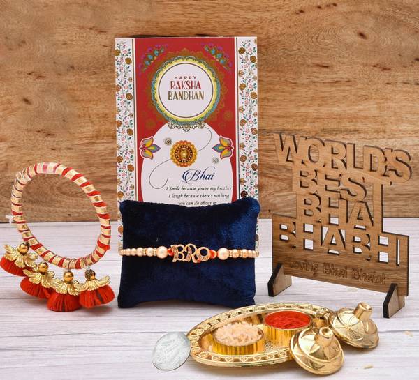 PRIDE STORE Bhaiya Bhabhi Bro Rakhi Kada Rakhi Set With Small Thali And Wooden Showpiece Mauli Thread Rakhi, Showpiece, Thali, Greeting Card, Chawal R...