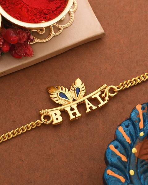 Voylla Designer Peacock Feather Motif Gold Tone Bhai Rakhi Assorted Chawal Roli Pack Set