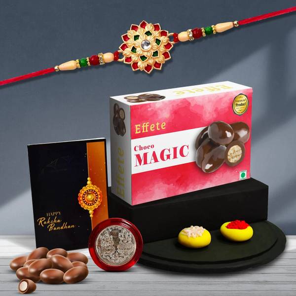 Effete Designer Rakhi Combo for Brother with Chocolate Magic(32-GM)Rakhi Gift | Y23K1_501_CM32 Mauli Thread Rakhi, Chawal Roli Pack, Greeting Card, Co...