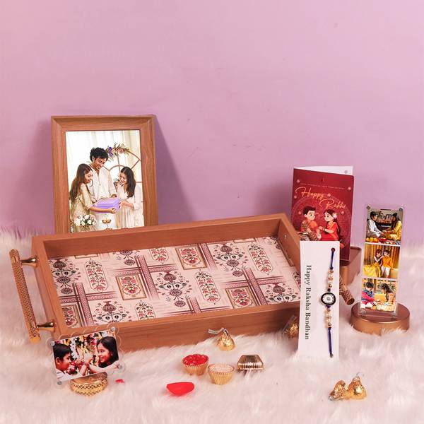Art Street Rakshabandhan Gift Hamper, Photo Frame and Serving Tray 2 Rakhi Jute, Pearl Rakhi Set