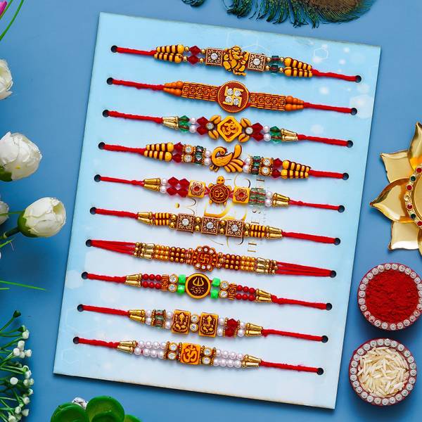 PRIDE STORE Thread 4010-Rakhi Set For Brother Combo With Roli Chawal Greeting Card-Family-10 Mauli Thread Rakhi, Greeting Card, Chawal Roli Pack Set