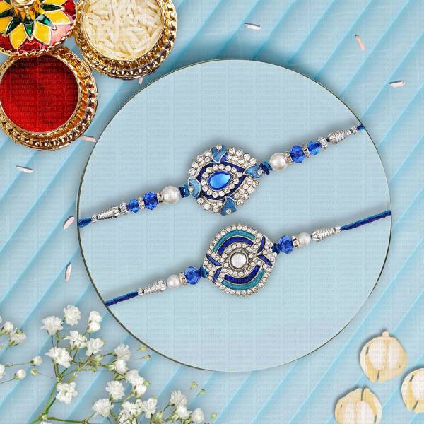 Dreamica Designer Set-7-10 Mauli Thread, Kundan, Pearl Rakhi, Chawal Roli Pack, Greeting Card Set