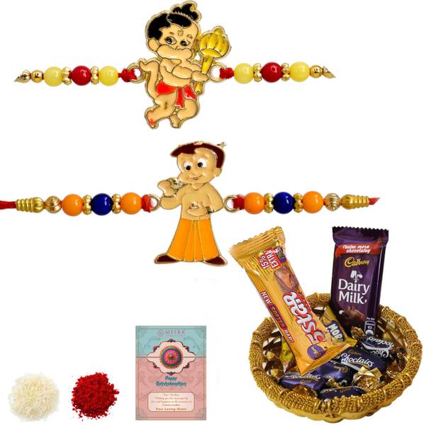 Meira Jewellery Designer rakhi-with-chocolate-157 Gold Finish Rakhi, Greeting Card, Chawal Roli Pack Set
