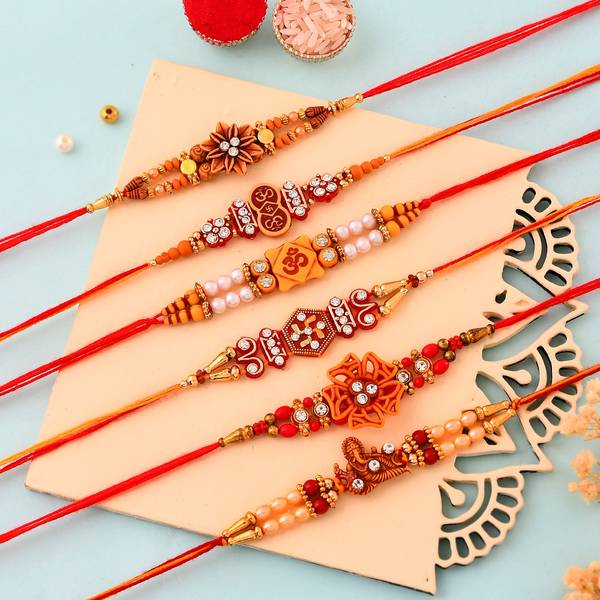 PRIDE STORE Designer Family Rakhi Combo Pack of 6 with Rakshabandhan Special Greeting Card Mauli Thread Rakhi, Greeting Card, Chawal Roli Pack Set