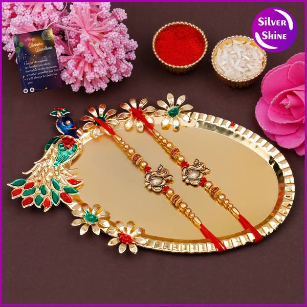SILVER SHINE Designer RAKHI-1064-4165-Q2 Mauli Thread Thali, Chawal Roli Pack, Rakhi Set