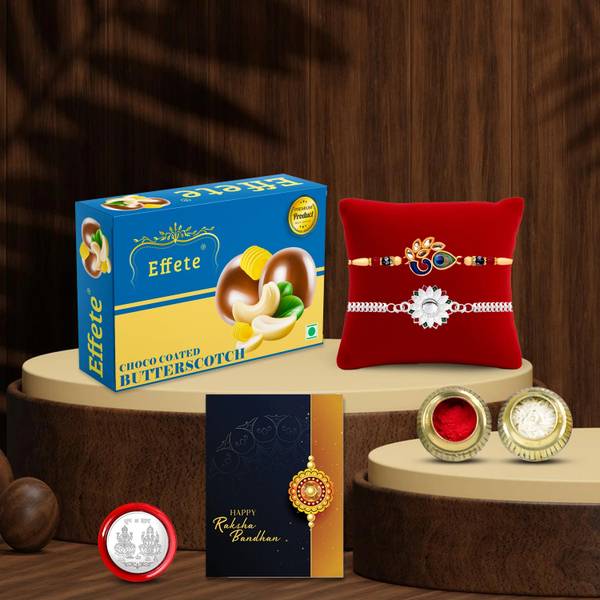 DeoDap Designer Rakhi Combo Gift Set for Brother |Butterscotch 32Gm|Chocolate|Y22K2_535+A4_BS32 Assorted Rakhi, Greeting Card, Coins, Chawal Roli Pack...