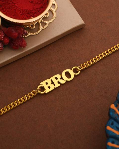 Voylla Designer Gold Tone Fashionable BRO Rakhi Assorted Chawal Roli Pack Set