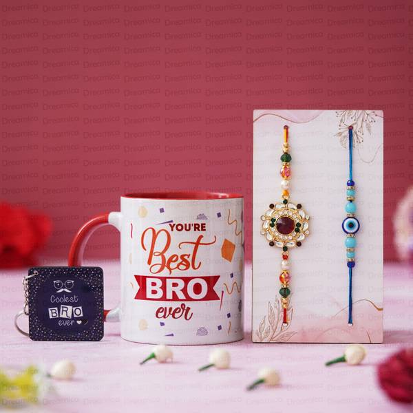 Dreamica Religious Rakhi-1522 Assorted Rakhi, Mug, Key Ring, Chawal Roli Pack, Greeting Card Set