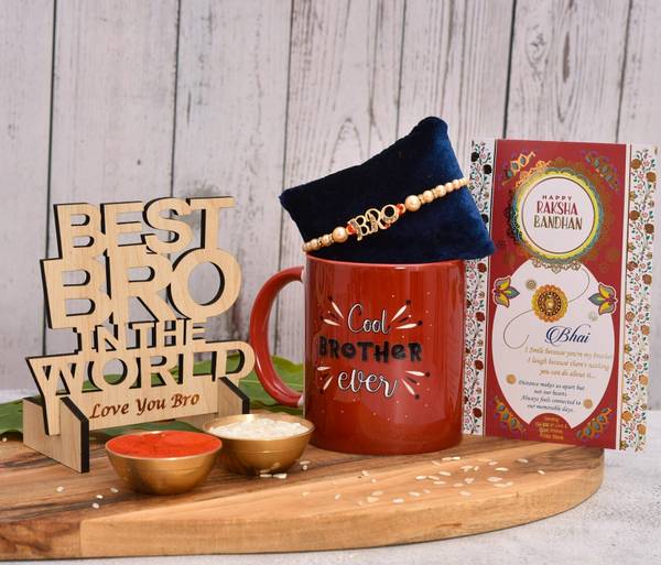 PRIDE STORE Designer Cool Bro Ever Mug With Bro Rakhi And Wooden Showpiece Rakhi Gift Set For Brother Mauli Thread Rakhi, Greeting Card, Showpiece, Mu...