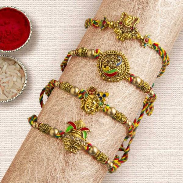 eCraftIndia Designer D1153 Gold Finish Rakhi, Chawal Roli Pack Set