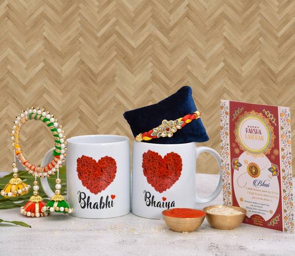 PRIDE STORE Thread Cute Combo for Bhaiya-Bhabhi with Stylish Heart Printed Mugs, Rakhis & RakhiCard Mauli Thread, Gold Finish, Pearl Rakhi, Greeting C...