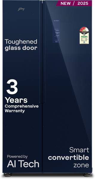 Godrej 600 L Frost Free Side by Side 3 Star Refrigerator with Smart Convertible AI Powered 3 Intelligent Modes Glass Door Digital Touch Panel Inverter