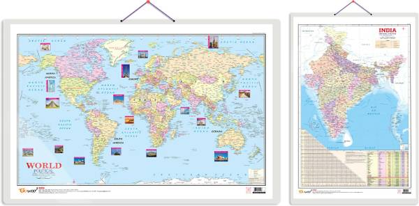 Set of 2 Indian Road Guide & Political and World Political Map Educational Charts | 20"X30" inch |Non-Tearable and Waterproof | Double Sided Laminated...