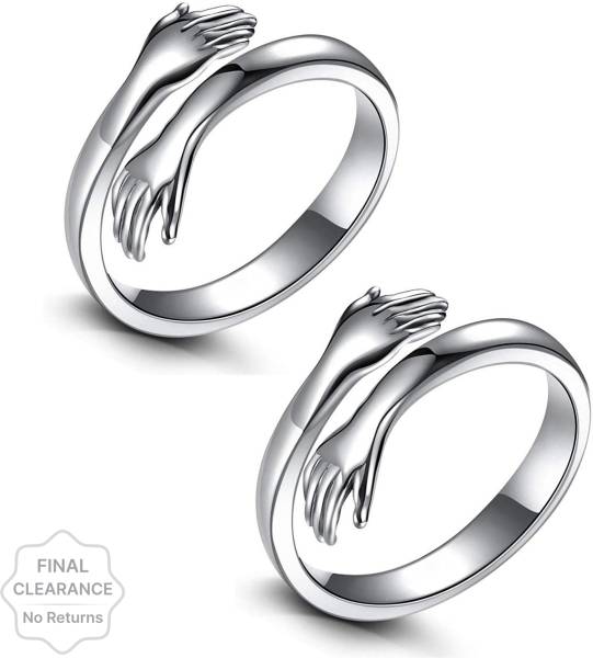 Stylewell (Set Of 2 Pcs) Silver Love Forever Valentine's Day Hand Hug Me Thumb Finger Ring Metal Silver Plated Ring