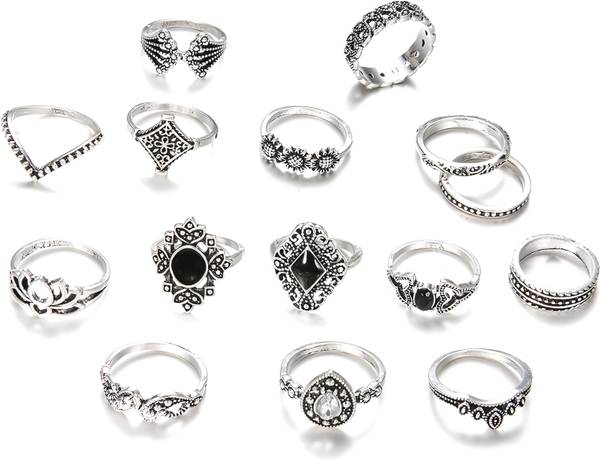 AmazingKarts 15 Pcs Korean Style Silver Boho Midi Finger Ring Oxidized Set For Women Girl Metal Silver Plated Ring Set