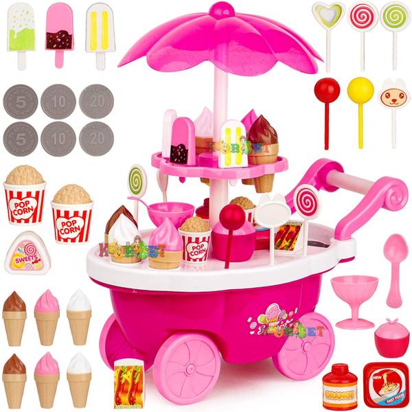 KOBBET Ice-Cream Trolley Set with Pretend Role Play Candy Shopping Cart Learning Toys