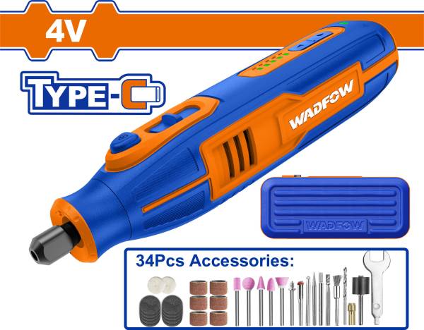 Wadfow 4V Cordless Grinder, Type-C Charging Port, Variable Speed, 5000-25000 RPM, 34 Pcs Accessories, Rotary Tool