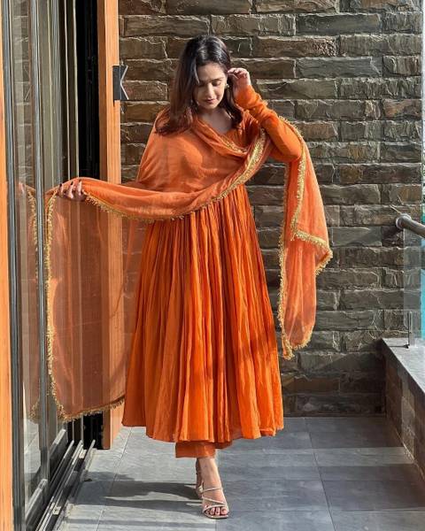 Tasrika Solid Anarkali Kurta, Bottom & Dupatta Set