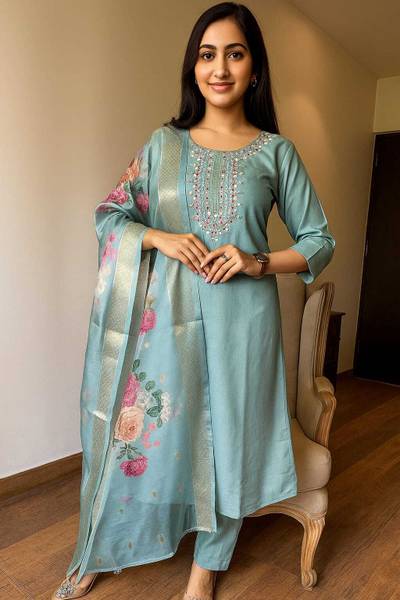 DANIYA FAB Embroidered Kurta, Trouser/Pant & Dupatta Set