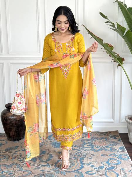 sarvatit Embroidered, Floral Print Kurta, Trouser/Pant & Dupatta Set