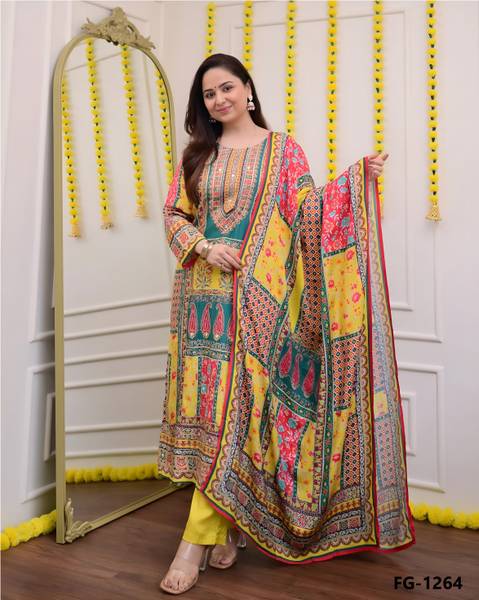 Krishna Apparels Floral Print, Embroidered, Self Design, Chevron/Zig Zag Kurta, Trouser/Pant & Dupatta Set