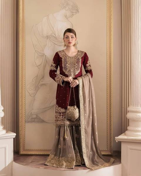 Bonanzafashion Embroidered, Embellished Kurta, Sharara & Dupatta Set