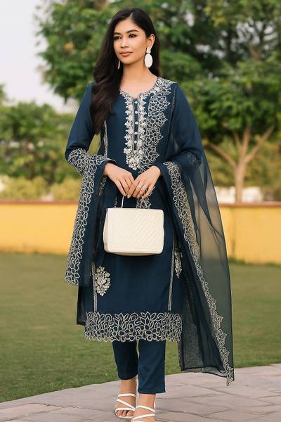 BOUGHT FIRST Embroidered Anarkali Kurta, Bottom & Dupatta Set