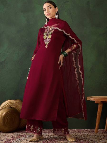 Sangria Embroidered Kurta, Trouser/Pant & Dupatta Set