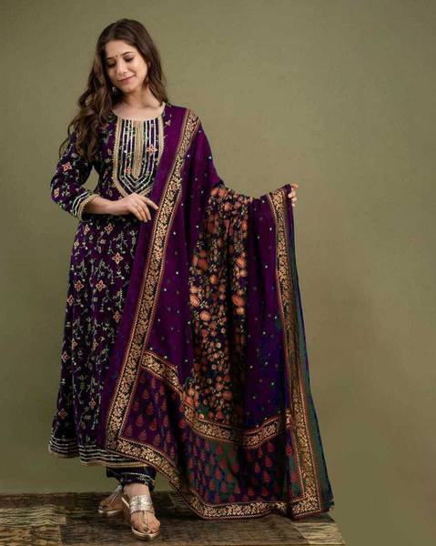 Queenslifestyle Embroidered Anarkali Kurta, Bottom & Dupatta Set