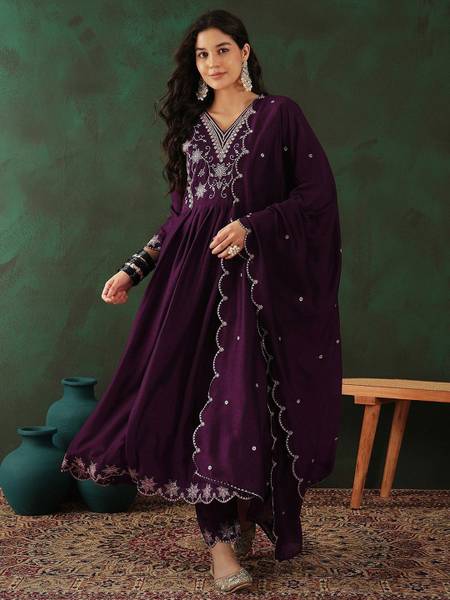 Sangria Embroidered Anarkali Kurta, Bottom & Dupatta Set