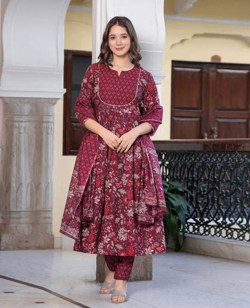 JODAA Floral Print Anarkali Kurta, Bottom & Dupatta Set
