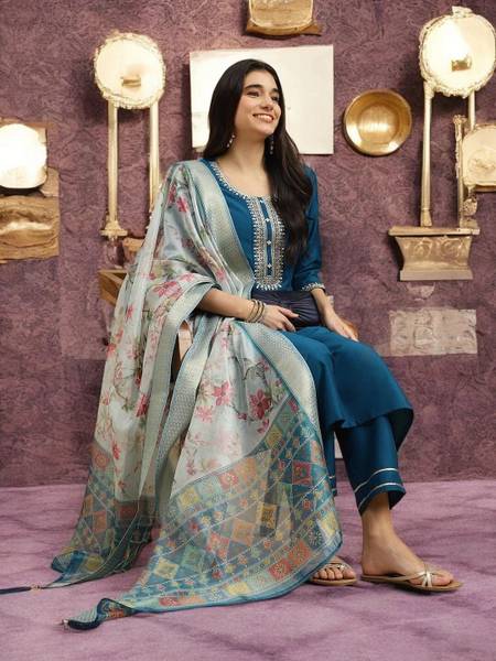 ORRIYA Embroidered Kurta, Trouser/Pant & Dupatta Set