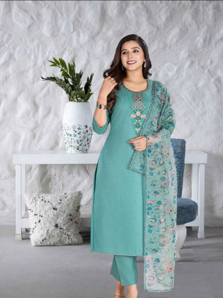 RAS RANI Embroidered Kurta, Churidar & Dupatta Set